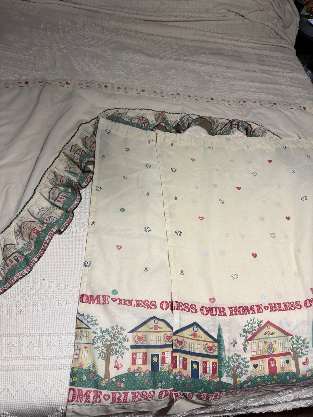 Vintage 90s curtains & valance 'Bless Our Home' Cream with Multicolor Border